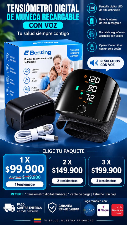 Tensiometro Digital Recargable de Muñeca con Voz